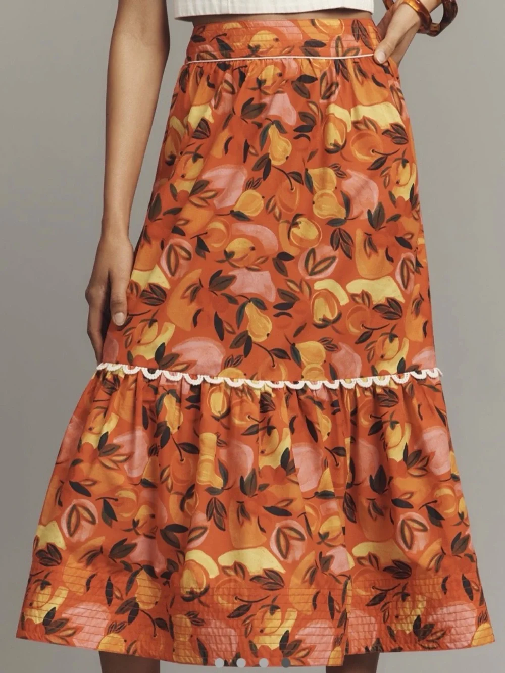 NEW Farm Rio Anthropologie Fruit Print -SZ L- Tiered-Flare Midi Skirt Orange Red